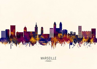 Marseille France Skyline Watercolor Silhouette
