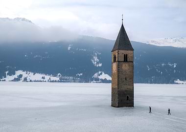 Reschensee Church Tower in Winter