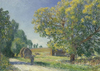 Impressionist Landscape with Figure and Haybales, alfred sisley painting