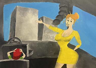 Cartoon Woman in Yellow Dress Painting