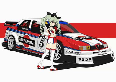 Anime Girl with Race Car Illustration