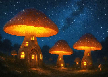 Glowing Mushroom Houses Under Starry Sky