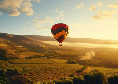 Hot Air Balloon Over Vineyard Landscape