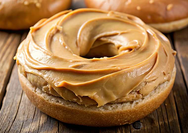 Open Bagel Half Lavishly Smeared with Silky Peanut Butter on a Rustic Wooden Table