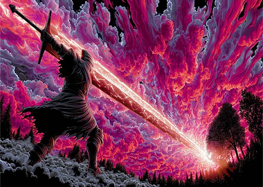 Warrior with Glowing Sword in Fantasy Landscape