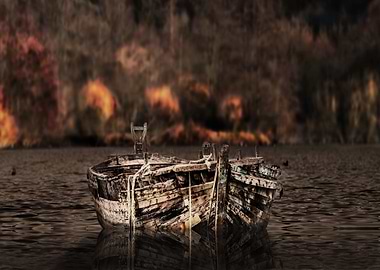 Dilapidated Boat on Water with Fire