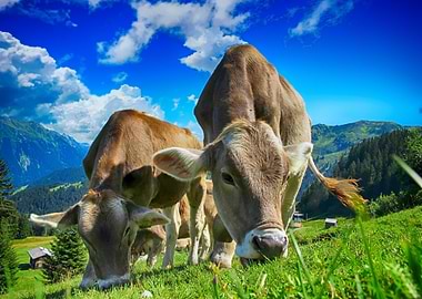 Cows Grazing in Alpine Meadow