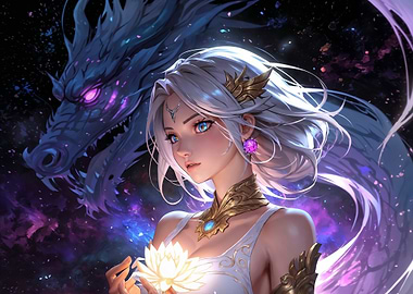Fantasy Woman with Dragon and Lotus