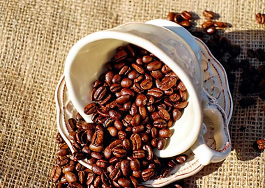 Coffee Beans Overflowing from Ceramic Cup