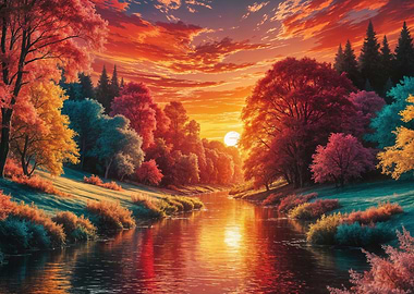 Autumn River Sunset Landscape