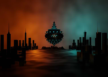 Futuristic Cityscape with Floating Structure