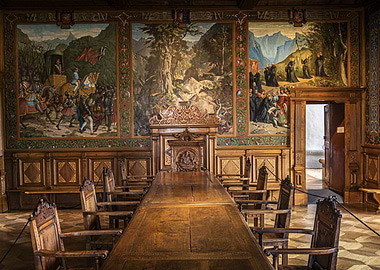 Medieval Hall with Tapestries and Table
