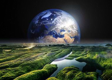 earth rising over mossy landscape