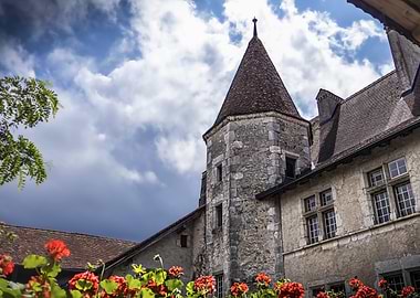 Medieval Stone Tower with Red Flowers