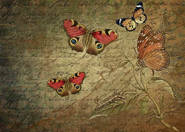 Vintage Butterflies and Script Background