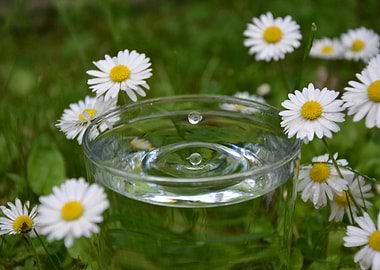 Water drop in glass with daisies