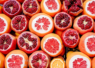 Fresh Pomegranates and Grapefruits Close-Up