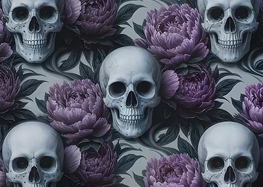 Skulls and Purple Peonies Pattern