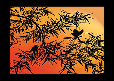 Bamboo Silhouette with Birds at Sunset