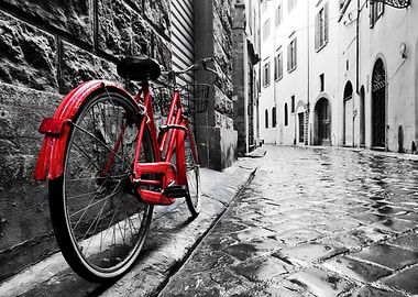 Red Bicycle in Black and White Alley