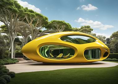 Futuristic Yellow House in Green Landscape