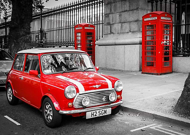 Red Mini Cooper with telephone booths