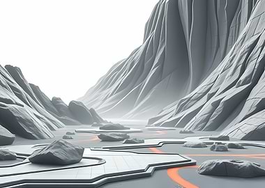 Futuristic Canyon with Geometric Platforms and Orange Pathways