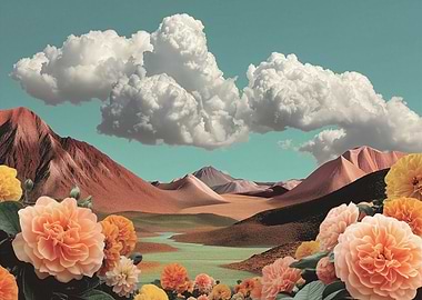 Surreal Floral Mountainscape With Dramatic Clouds