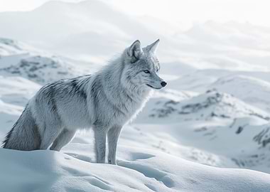 White Wolf in Snowy Mountain Landscape