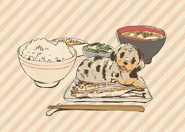 Dog with Japanese Meal Illustration