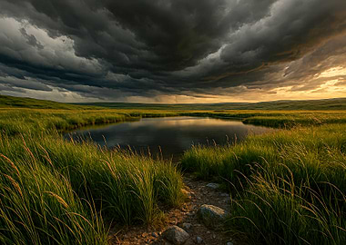 Stormy Landscape with Pond and Grass