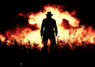 Silhouette of a Cowboy in Fiery Landscape