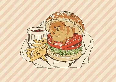 Pomeranian Dog in a Burger Illustration