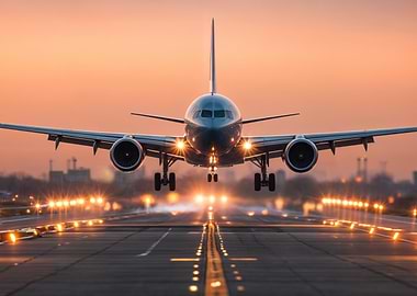 Airplane landing at sunset