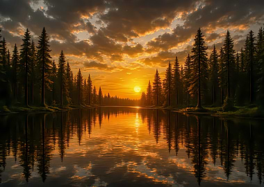 Golden Sunset Over Forest Lake