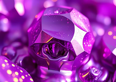 Shimmering faceted amethyst macro with luminous bokeh, reflective liquid-metal textures