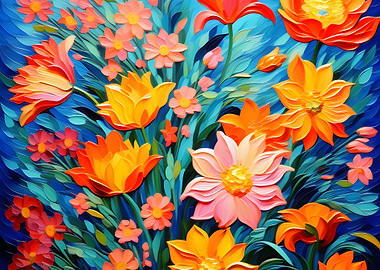 Floral Painting with Orange and Pink Flowers
