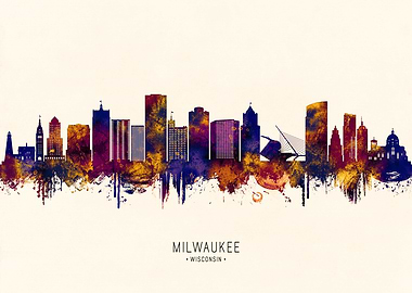 Milwaukee Wisconsin Skyline Watercolor Silhouette
