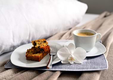 Breakfast in Bed with Coffee and Cake