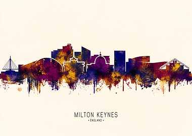 Milton Keynes England Skyline Watercolor Art
