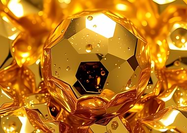 Gleaming Liquid-Gold Geodesic Orbs with Reflective Facets and Suspended Droplets