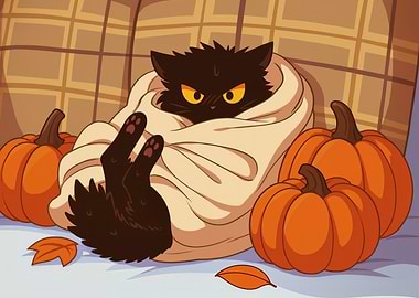 Grumpy Cat Wrapped in Blanket with Pumpkins