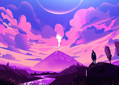 Purple Landscape with Volcano and Figure