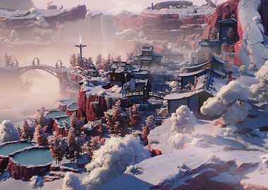 Snowy Mountain Village Landscape