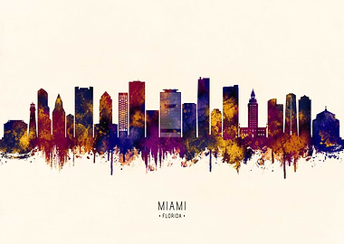 Miami Florida Skyline Watercolor Silhouette