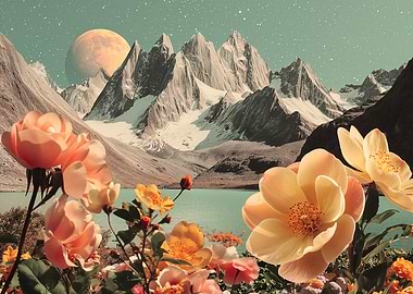 Floral mountain landscape with planet