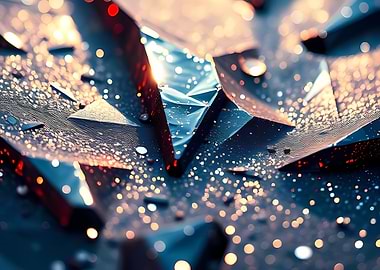 Shattered Chrome Shards Scattered Across Midnight Surface with Warm Bokeh Dust