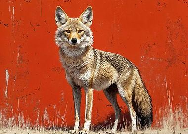 Coyote Portrait Against Orange Background