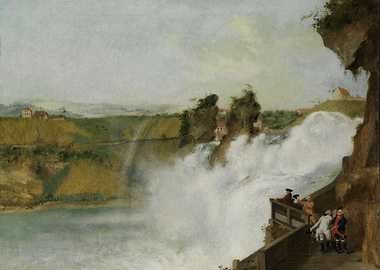 Waterfall painting with figures on overlook