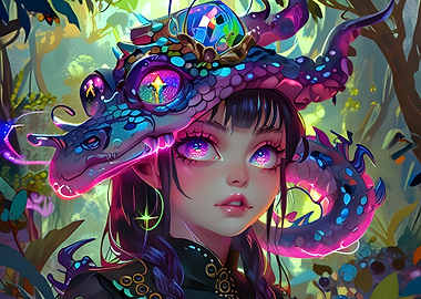 Anime Japan Style Girl with Dragon Hat in Forest Glowing Halloween